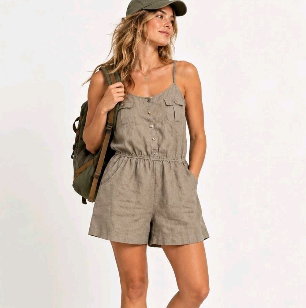 Nikibiki Womens M 100% Linen Romper Taupe Button Front Gorpcore Utility Pockets